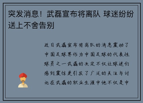 突发消息！武磊宣布将离队 球迷纷纷送上不舍告别